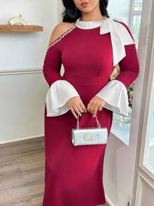 Modelyn Plus Size Women Tie Bow Ruffle Shoulder Rhinestone Embellished Bodycon Elegant Dress, Suitable For Commute And Party - Red - View 1