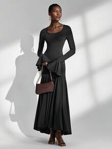 Almamuse Black Elegant Dress, Square Neck Fishtail Hem Design, Fitted Silhouette, Fashionable & Versatile, Women Long Dress, Autumn/Spring - Black - View 6