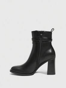 Daringsoles Women's Fashion Buckle Design Pointed Toe Black Chunky Heel Ankle Boots - Black - View 6
