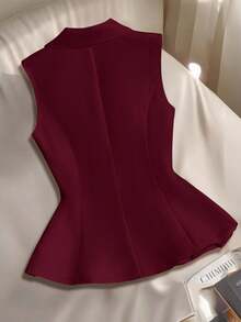 Franclia Women's Spring/Summer French V-Neck Elegant Bow Button Sleeveless Fitted A-Line White Blazer - Burgundy - View 2