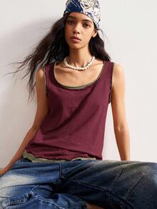 Bohemela Camiseta sin mangas de mujer de punto informal con cuello redondo y parches - Rojo - Ver 7