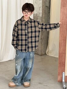 Dazy Kids 秋季大码男童宽松休闲格子衬衫