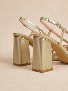 Rosivie Women's Square Toe Chunky Heel Black PU Leather Slip-On Pumps, Fashionable Minimalist Comfortable For Daily Wear And Occasions For Christmas - Gold - View 4