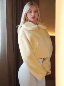 Sweetina Women's Autumn And Winter Cute Sweet Casual Pure Desire Style Y2K Millennial Style Yellow Dyed Peak Lapel Zipper Loose Cut Fake Fur Coat - Beige - View 5