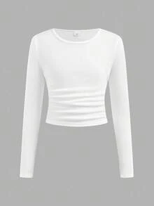 Coolane Tween Girls Winter/Fall Streetwear Basic Stretchy Comfortable Solid Ruched Side Crop Tee,Christmas .New Year,Party ,Chic,Warm - White - View 4