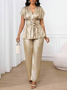 SHEIN Lady Women's Two Pieces Suits Elegant Gold Hot Stamping Fabric Tops And Wide-Leg Pants Casual Suits,Summer Holiday Dinner Business Casual 2025 New Style - Khaki - View 5