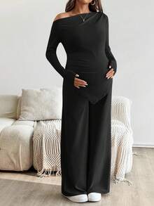SHEIN 2pcs Maternity Casual Solid Asymmetric Top And Pants Set Pregnant Two Piece Set Black Maternity Two Piece Set Maternity Clothes Two Piece Set Maternity Two Piece Outfit Pregnancy Outfits - Black - View 7