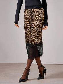 COSMINA Women's Elegant Lace Patchwork Leopard Print Skirt,Cheetah Print