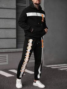 Manfinity LEGND Men's Hooded Sweatshirt Set, Mature Street Style Textured Fabric, English Letter Print Pattern - Black - View 4