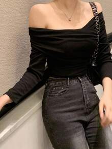 DAZY Elegant Off Shoulder Design Fitted Women T-Shirt Long Sleeve Top - Black - View 2