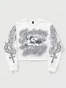 ROMWE MEN Goth Men's Letter & Cross Print Crew Neck White Long Sleeve Pullover Sweatshirt