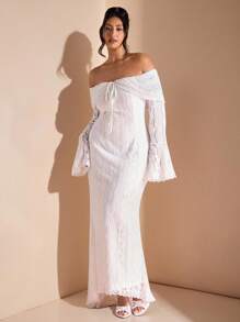 SHEIN BAE Váy Maxi đuôi cá dài tay ren trắng trễ vai thanh lịch dành cho nữ, thích hợp cho đám cưới, tiệc tùng, váy phù dâu, váy tốt nghiệp màu trắng - Màu be - Xem 3