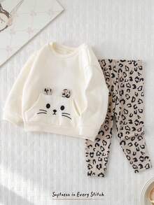 Cozy Pixies 2pcs Baby Girl Cartoon Cat Pattern Knit Soft Crew Neck Long Sleeve Pullover Sweatshirt And Elastic Waist Pants Set Fall Winter - Multicolor - View 4