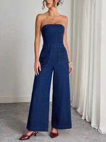 Elenzga 女式露肩口袋设计阔腿时尚牛仔连体裤 - 藍色 - 查看 6