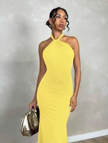 SHEIN PETITE 女士优雅简约纯色露背扭纹紧身长裙，适合日常穿着