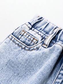 SHEIN 女童百搭时尚破洞直筒蓝色牛仔裤 - 藍色 - 查看 6