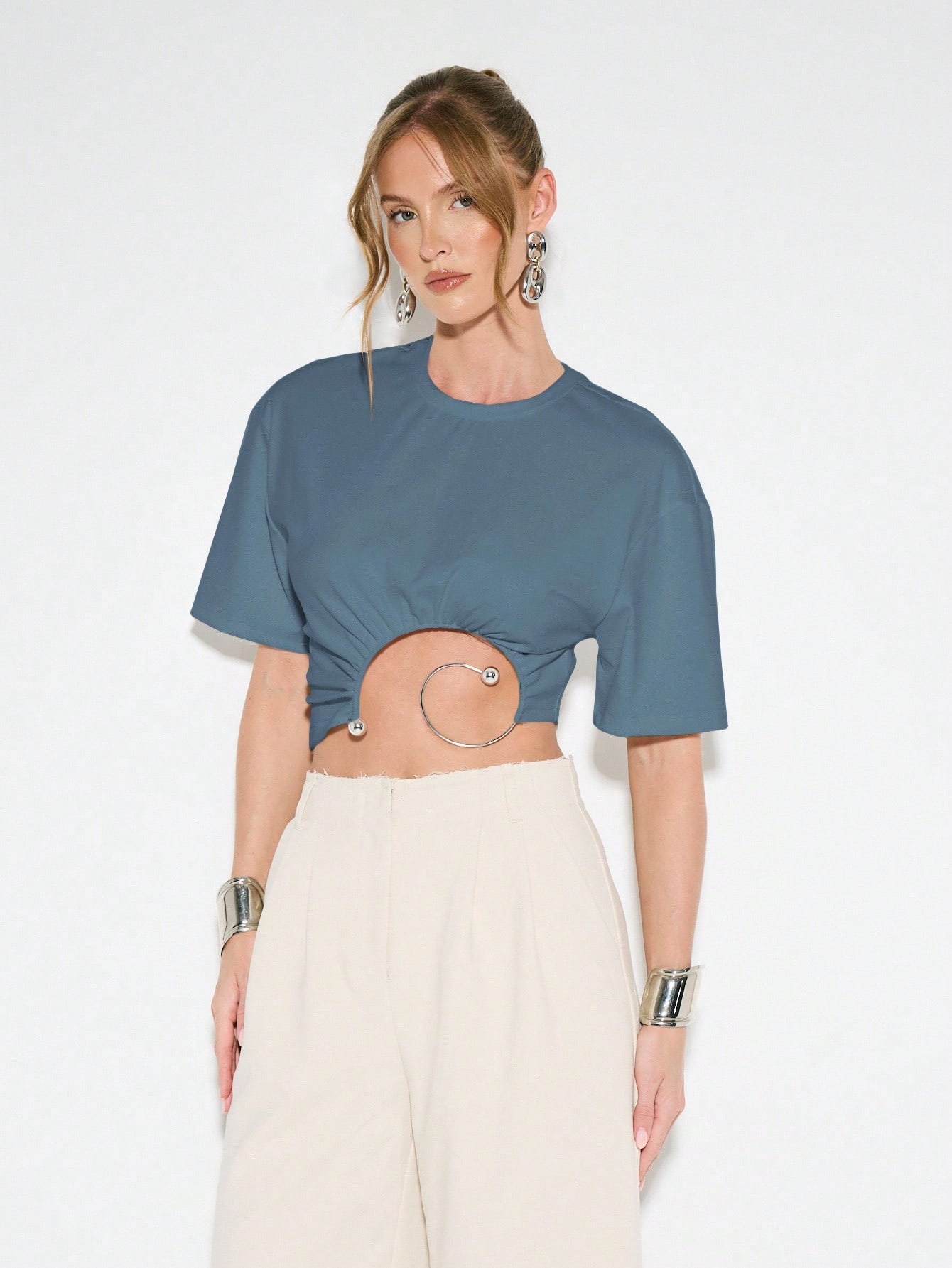 KIZN Crop Top With Metal Ring Detail Short Sleeve