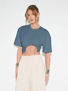 KIZN 超大号短款上衣，金属环细节短袖 T 恤，节日夏季休闲宽松镂空设计 - 藏蓝色 - 查看 3