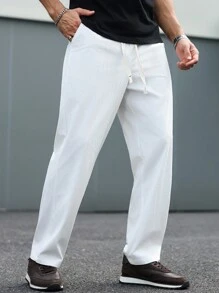 Manfinity Homme 男士休闲纯色抽绳腰长裤白色，老款风格，秋冬，灯芯绒