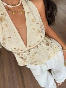 Serisse Women's Sequined Halter Neck Top With Shell Fringe, White Sequin Top, Gold Sequin Top, Elegant Sequin , Carnival Costume, Ibiza Summer Glitter - Apricot - View 5