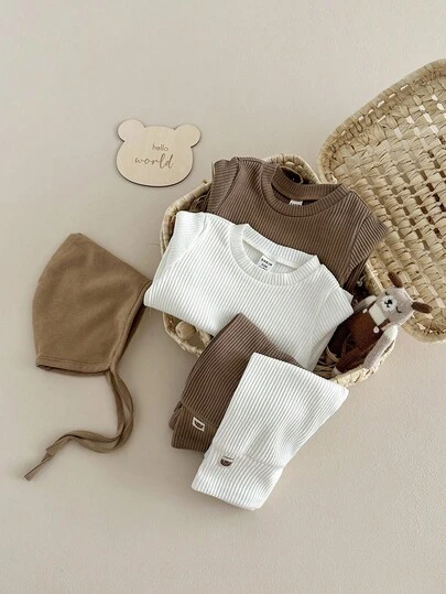 SHEIN 6pcs Set Baby Boys' Casual Solid Color Knit Long Sleeve Top And Pants Outfit, Suitable For Autumn/Winter, Comfortable For Everyday Wear