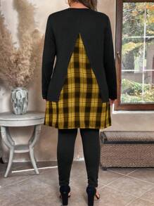 Plus Size Women's Plaid Patchwork Loose T-Shirt And Skinny Leggings Two Pieces Casual Outfit, Suitable For Daily Commute Fall Cloth For Women - Multicolor - View 2