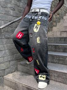 ROMWE MEN Street Life Men's Double-Layer Waistband Multi-Pocket Embroidered Pattern Loose Fit Jeans - Black - View 7