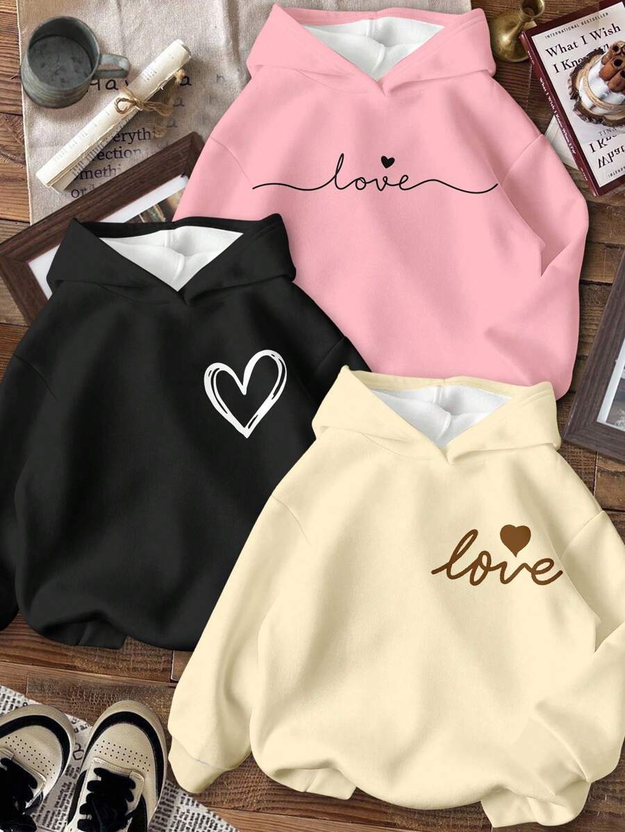 Set de 3 piezas/Paquete Corazón pintado a mano, Estampado de amor, Sudadera holgada y cómoda de manga larga para niña preadolescente, Crema amarillento + Rosa fresco + Negro, Adecuado para otoño/invierno, Vuelta al colegio, Estilo años 2000, Ropa estilo coreano, Ropa de otoño, Ropa de invierno, Homecoming, Ropa de invierno, Grunge, Rayas, Comodidad fácil, Ropa de niños con estilo - Multicolor - Ver 1