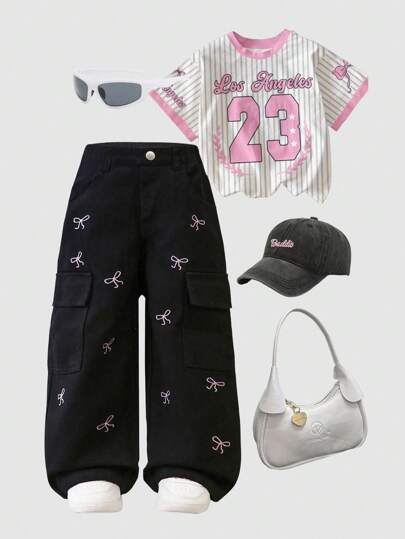 SHEIN 女童黑色水洗休闲宽松时尚可爱蝴蝶结刺绣工装牛仔裤，多口袋设计，百搭时尚，适合日常穿着