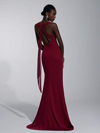 Elitara 优雅奢华的深红色弹力针织宽肩细肩带性感露背系带扭结设计，适合婚礼、正式场合、伴娘礼服