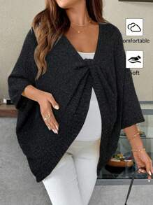 SHEIN 袖口扭结装饰纯色孕妇毛衣黑色孕妇开衫孕妇罩衫 - 黑色 - 查看 6