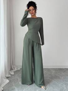 SHEIN Raffinéa 2件套女士纯色褶边不对称下摆长袖套装 - 綠色 - 查看 8