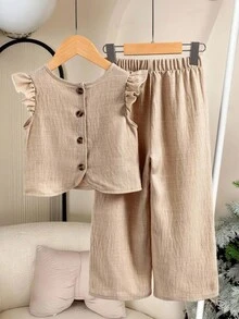 Elladie kids 2件套女童纹理面料短袖纽扣后背T恤和休闲长裤套装，小女孩套装，亚麻两件套 - 卡其色 - 查看 3