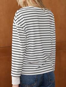 Écloséra French Formal Casual Elegant Fall Winter Clothes Striped Collar And Cuffs Hit White Long Sleeves Red V-Neck Heart Ladies Long Sleeve Fall Outfits Women Going Out T-Shirt Stripe Black White Top