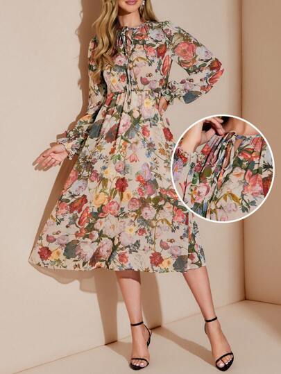 Amorya Women's Elegant Floral Print Chiffon Tie-Waist Midi Dress, Flattering Fit Suitable For Daily Wear, Afternoon Tea And Multiple Occasions, Autumn Fall Dresses For Women  Homecoming Dress Flowy Dress,Casual Dresses For Women Floral Midi Dress Floral Dress Women Flowery Midi Dress Midi Dress With Sleeves Long Sleeve Floral Dress