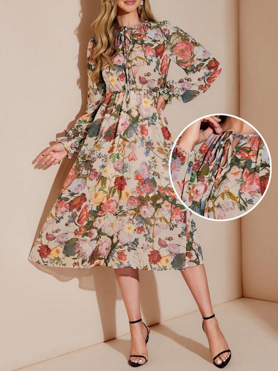 Amorya Váy midi voan họa tiết hoa thanh lịch dành cho nữ, dáng suông, phù hợp mặc hàng ngày, tiệc trà chiều và nhiều dịp khác nhau, mùa thu - Nhiều màu - Xem 1