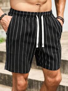 Manfinity Homme 男士夏季休闲日常通勤条纹印花抽绳腰斜口袋宽松短裤 - 黑色 - 查看 8