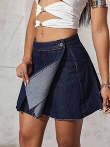 SHEIN ICON Minifalda plisada de mezclilla de unicolor casual para mujer