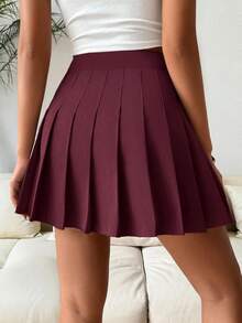 SHEIN PETITE Saia/shorts plissado feminino, cor sólida, elegante, casual, para viagem, estilo escolar, primavera/verão - Borgonha - Ver 2
