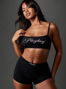Missguided x Playboy Black Square Neck Bralette Lounge Crop Top Soft Ribbed No Wire Cotton Blend Slim Fit Scoop Back Streetwear Comfort Basic Everyday Summer Minimalist - Black - View 4