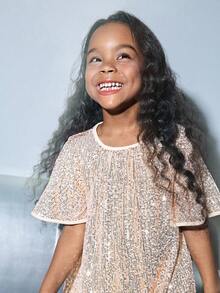 Maija Kids Maija Kids Young Girl Sequin Fabric Ruffle Sleeve Round Neck Dress - Gold - View 7