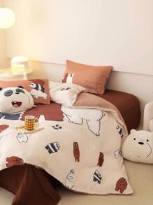 We Bare Bears X SHEIN 3pc Cartoon Bear Pattern Cute Brown Bedding Set,Suitable For Single Bed/Double Bed/Queen Bed/King Bed, Dormitory/Home - Brown - View 4