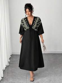 Elenzga Robe longue maxi pour femmes grandes tailles, col V décontracté, à nouer, imprimé floral jaune, manches 3/4, mélange de coton et lin