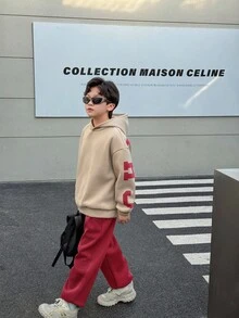 青少年男孩休闲韩版宽松大号字母图案连帽衫和松紧腰裤套装，适合秋季/春季、户外玩耍、学校、街头风格、派对和休闲 - 紅色 - 查看 2