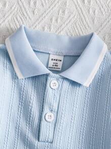 SHEIN Playful Pals 2件套男婴休闲纹理Polo领半拉链长袖Polo衫套装，配有松紧腰抽绳裤，儿童服装，婴儿套装，度假，聚会，派对，适合夏季宝宝休闲套装，浅蓝色男婴服装，男婴蓝色套装，男婴秋冬季套装，6个月-3岁男婴浅蓝色服装，男婴浅蓝色服装，男婴罗纹套装