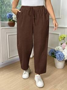 EMERY ROSE Pantalones entallados de algodón de unicolor con bolsillo y lazo en la cintura para mujer de talla grande - Marrón Chocolate - Ver 4