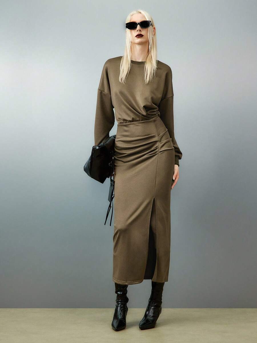 Airlisse Women's Side Slit Twist Pleated Sweatshirt Dress, Elegant For Vacation - Gray green - View 1