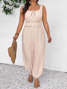 SHEIN Frenchy Plus Size Casual Vacation Sleeveless Jumpsuit With Cuffed Ankles - Apricot - View 4