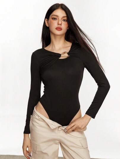 Rina Fox 性感修身金属扣装饰拼接镂空长袖女式连体衣