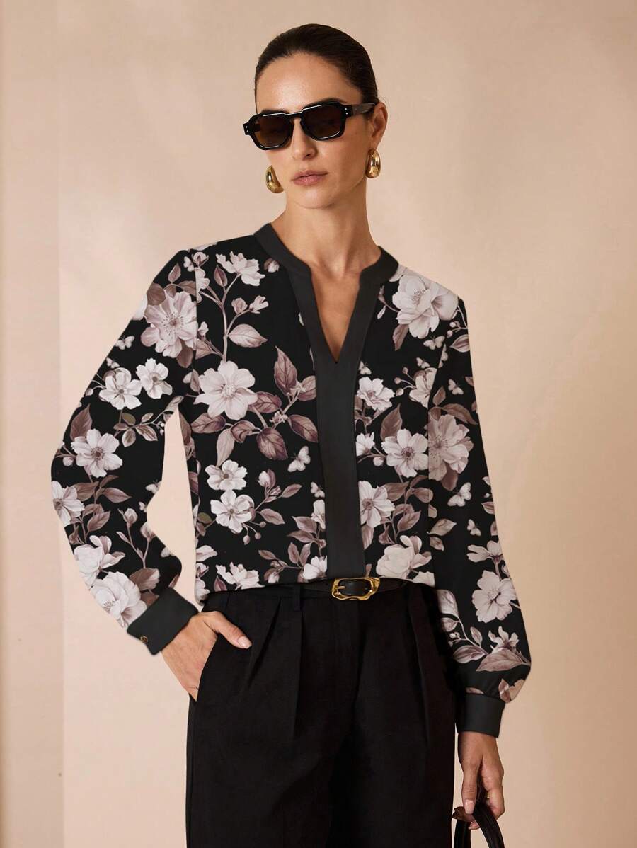 Glamance Constanza Baglietto 女士优雅通勤休闲花卉印花长袖 V 领衬衫，办公室穿着上衣，黑色花卉衬衫女士花卉衬衫花卉衬衫花卉衬衫女士花卉衬衫 - 彩色 - 查看 1